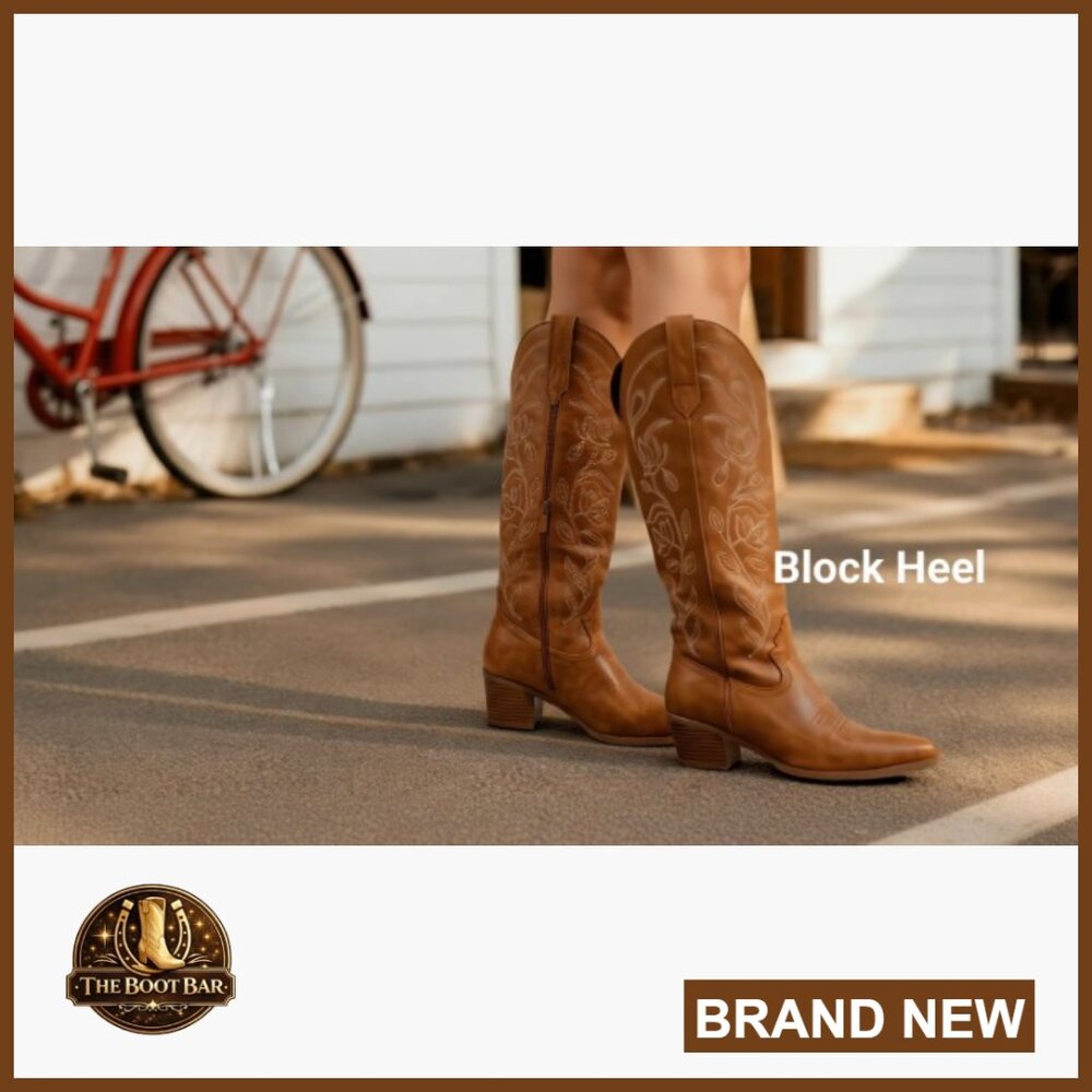 Knee High Cowboy Boots Chunky Heel Square Toe Embroidered Western Comfort - Picture 7 of 7